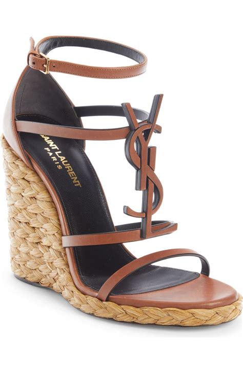 Saint Laurent Cassandra YSL Logo Raffia Wedge Sandal 